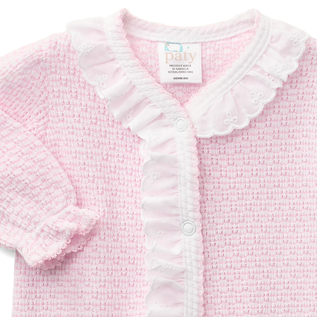 PatyKnit™ Pink Footie with Eyelet Trim